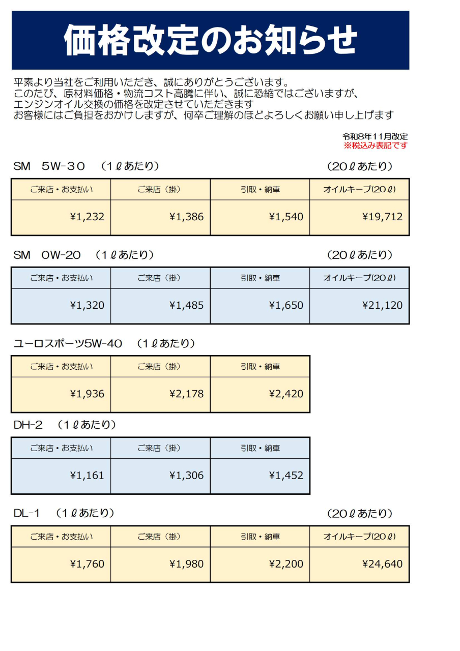 エンジンオイル価格改定のおしらせ